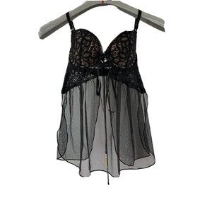 Victorias Secret Black Lace 34C Babydoll Lingerie Gold Accents Chemise 329863093